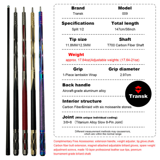 Genuine Transk Premium Metal Pool Cue Set With Box 12.5mm Tip Adjustable Balance Weight Black/Gold/Red/Purple Options, Professional Billiard Stick for Advanced Players