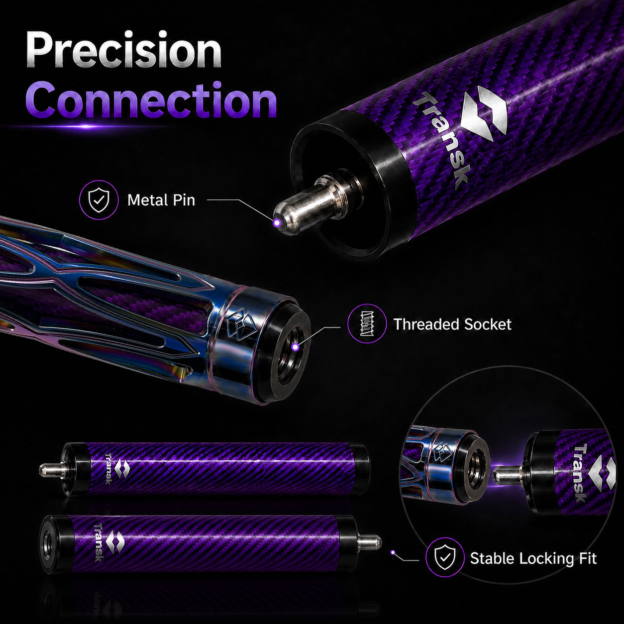 Transk Carbon Fiber Pool Cue Extension – 10.5cm Screw-On Cue Butt Extension