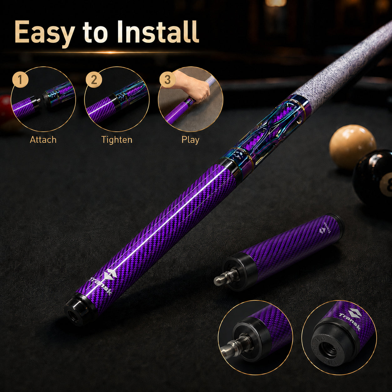 Transk Carbon Fiber Pool Cue Extension – 10.5cm Screw-On Cue Butt Extension
