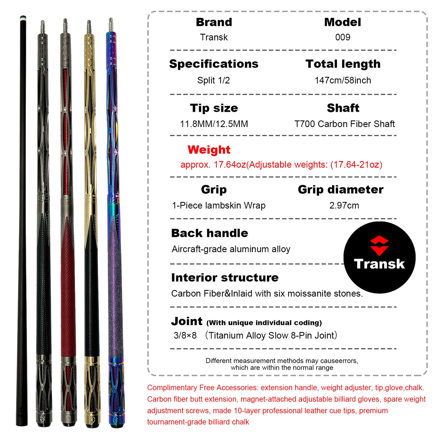 Echtes Transk Metal Pool Cue Set mit Jump Cue und Queue-Tasche Komplett-Set