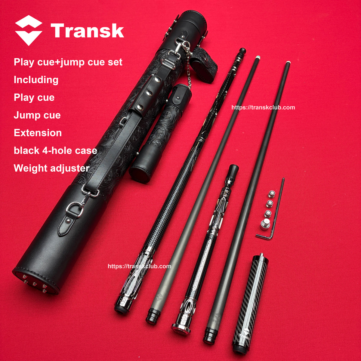 Transk Play cue+jump cue set with  4-hole case (red purple black gold color choice)12.5/11.8mm tip